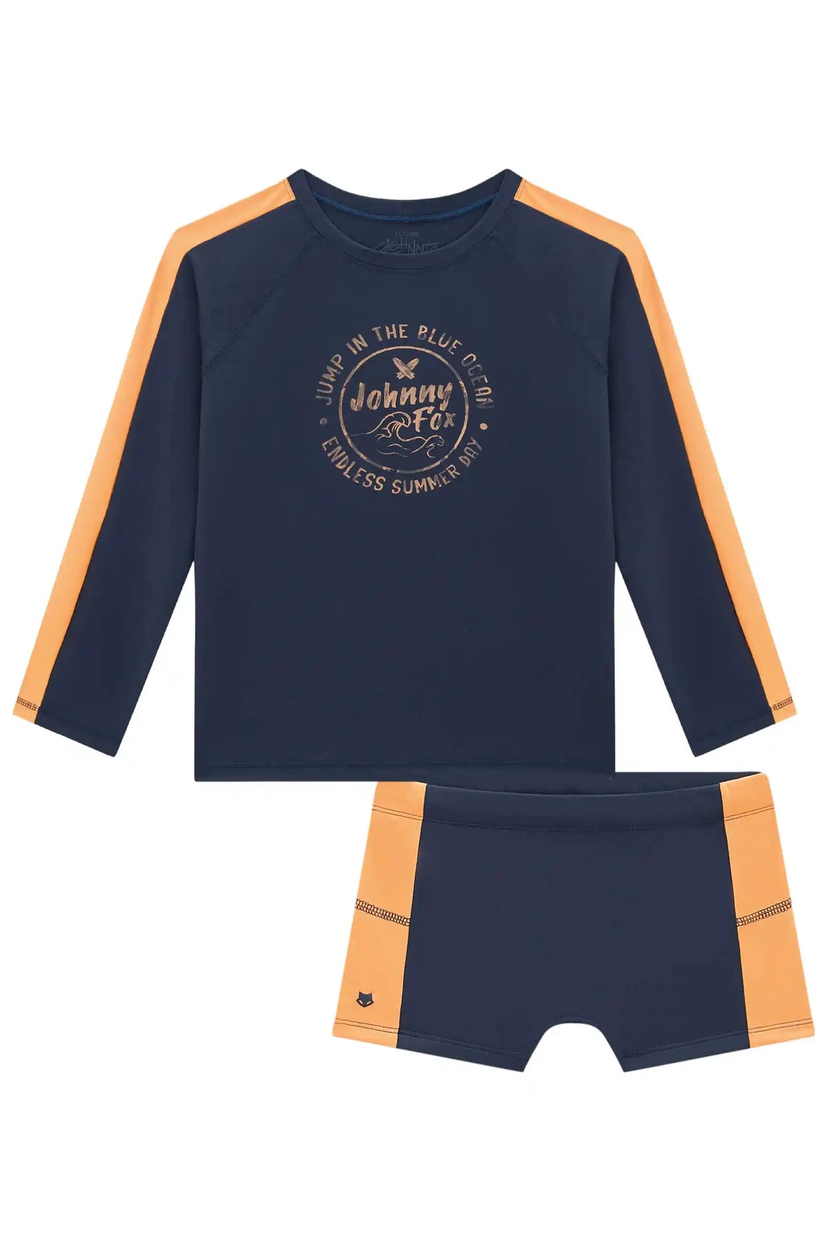 Conjunto Infantil Camisa de Manga Longa e Sunga Marinho e Laranja - Little Johnny