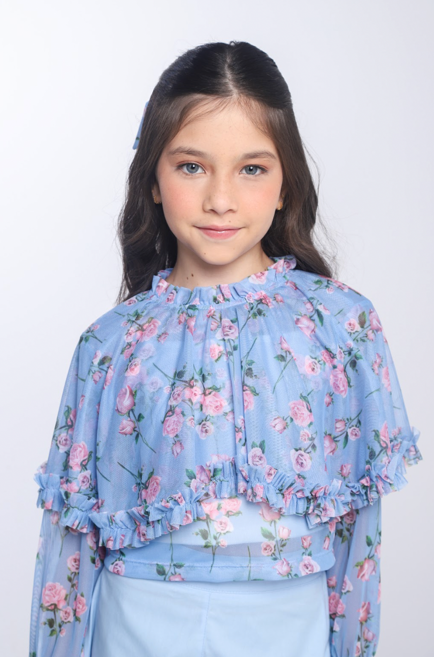 Conjunto Infantil Blusa Capa Floral Azul e Shorts Alfaiataria Azul - Luluzinha
