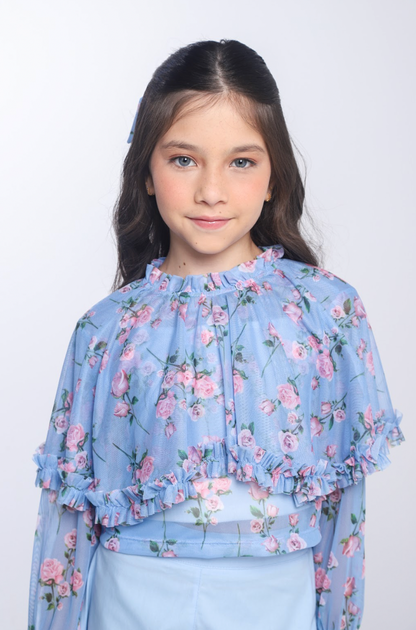 Conjunto Infantil Blusa Capa Floral Azul e Shorts Alfaiataria Azul - Luluzinha