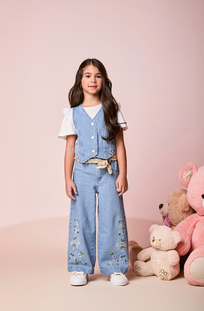 Conjunto Infantil Colete Tricot Off White e Calça Jeans Bordada Flores - Momi