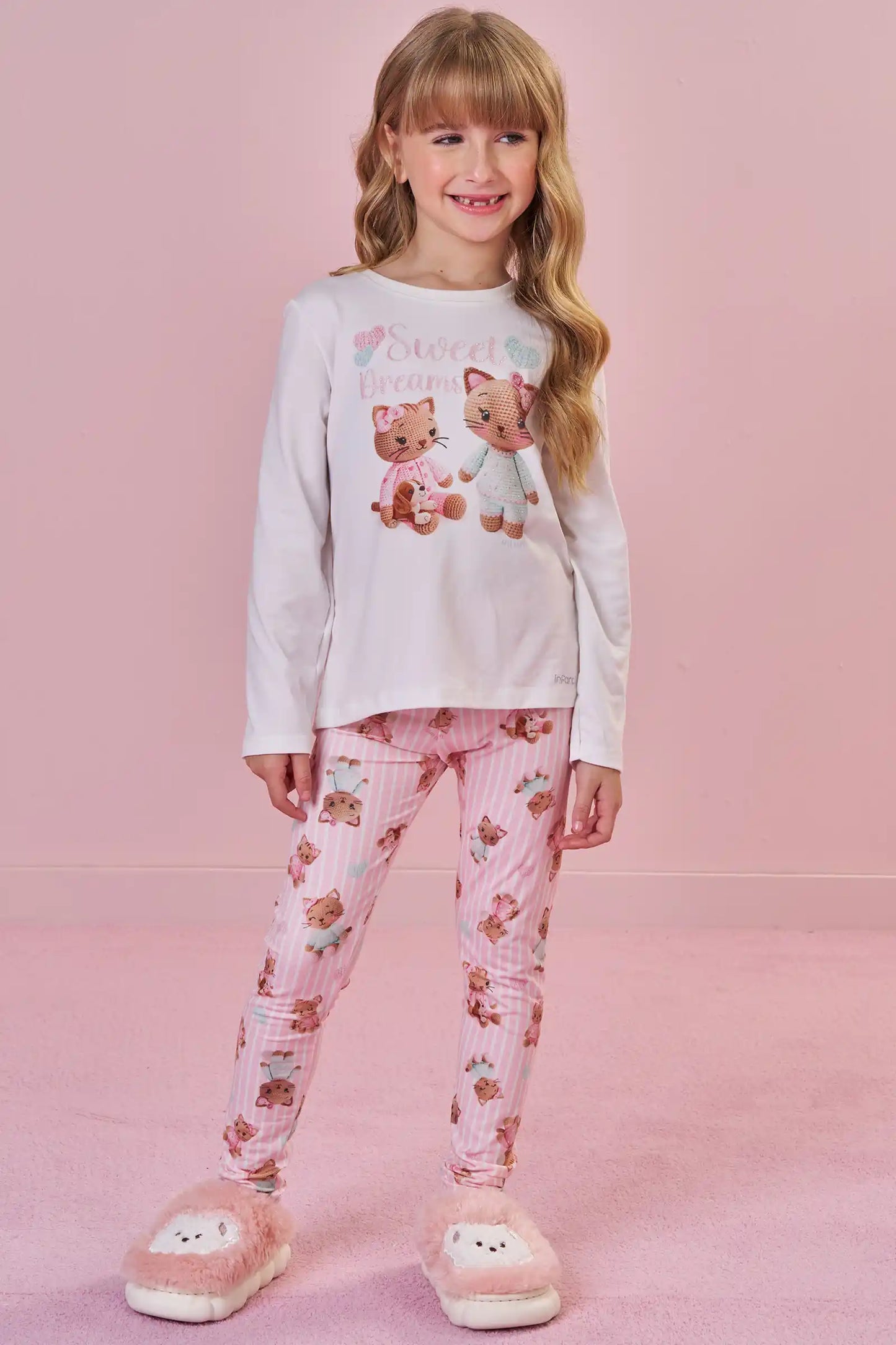 Pijama Infantil Blusa ML Sweet Dreams e Legging Ursinhas Rosa Claro - Infanti