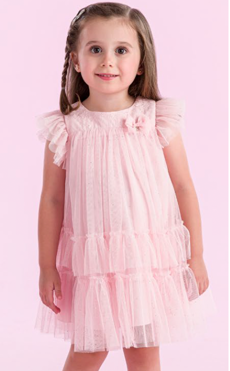 Vestido Infantil Trapézio Tule Glitter Bordado Rosa Claro - Petit Cherie PRÉ-VENDA