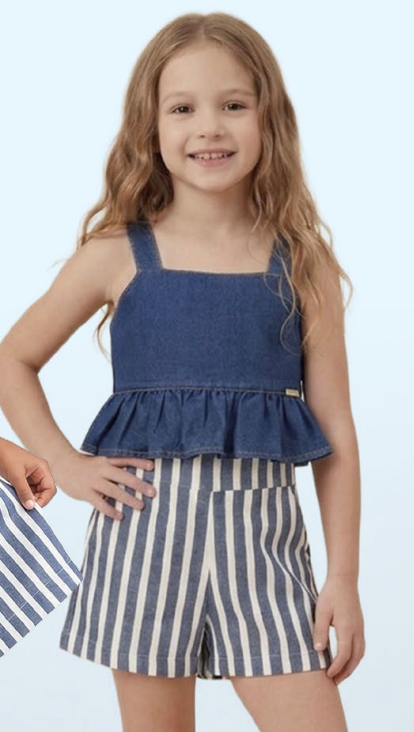 Conjunto Infantil Blusa Jeans Com Babado e Shorts Alfaiataria Listrado - Luluzinha