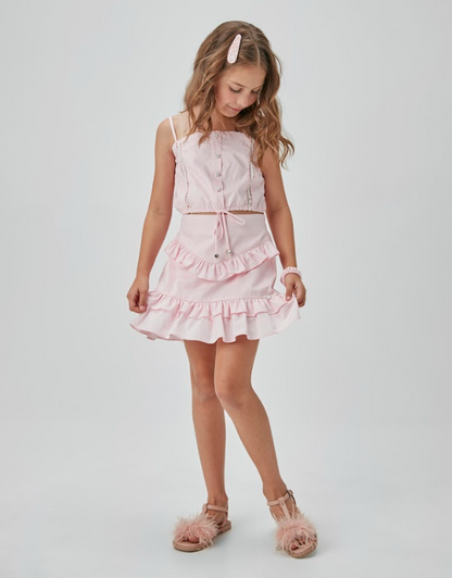 Conjunto Infantil Blusa e Saia-short de Algodão Entremeio em Renda Rosa - Um Mais Um