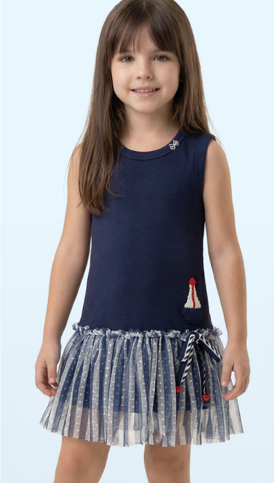 Vestido Infantil Tule Estampado Com Aplicação de Crochê e Laço de Vies - Luluzinha