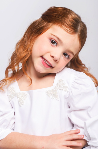 Vestido Infantil Algodão Manga Bufante e Amarração Bordados Manuais Branco/Azul - Luluzinha