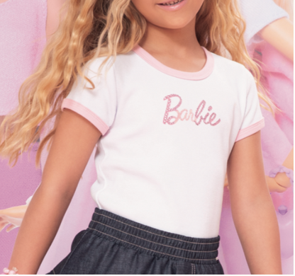 Conjunto Infantil Blusa Barbie Strass Shorts Babado Balonê Barbie Rosa Xadrez - Pituchinhus