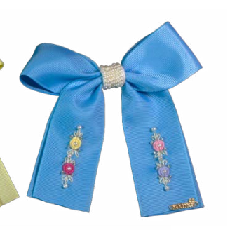 Presilha Infantil Azul Laço Longo Pérolas e Bordados - Roana