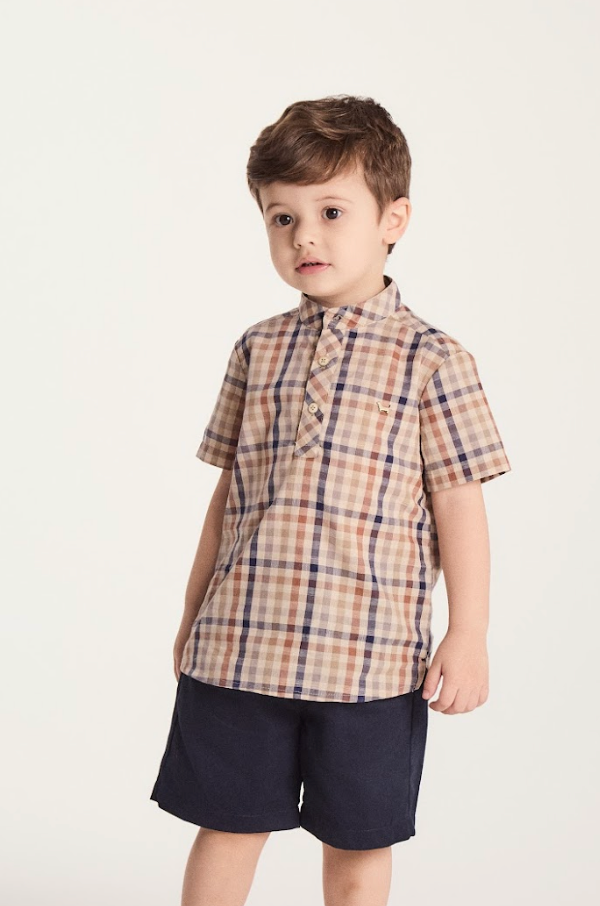 Conjunto Infantil Camisa Gola Padre Xadrez Fio Tinto e Bermuda Sarja Marinho - Um Mais Um