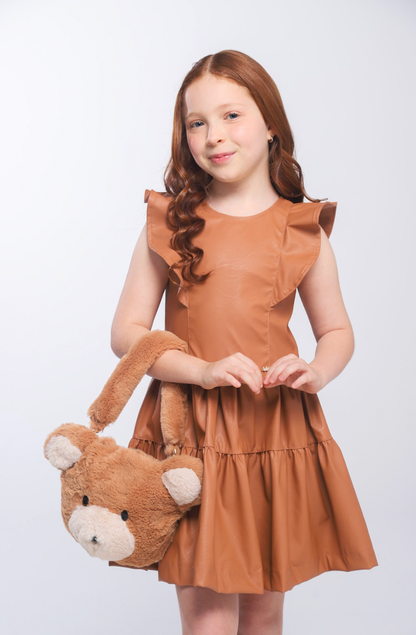 Vestido Infantil Rodado Babadinhos Couro Tech Caramelo - Luluzinha