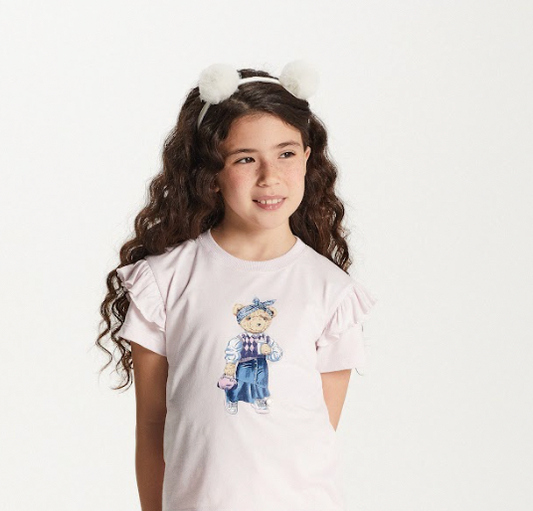 Conjunto Infantil Blusa Ursa de Lenço e Calça Jeans Wide Leg - Um Mais Um