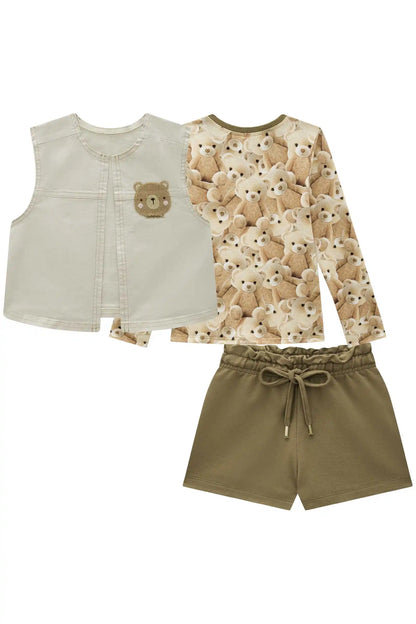 Conjunto Infantil Trio Blusa Ursinhos, Colete Sarja com Elastano e Shorts em Moletom s/ Pelúcia - Infanti