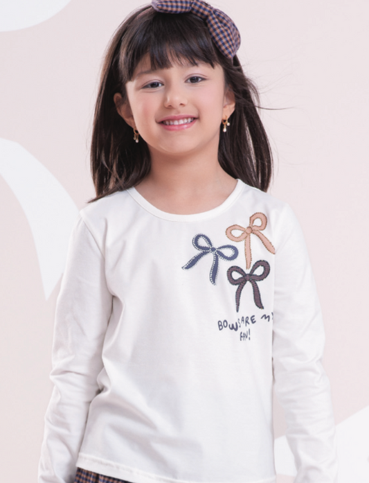 Conjunto Infantil Blusa Off White Laços Bows Are My Fav e Legging Tricot Xadrez Azul - Pituchinhus