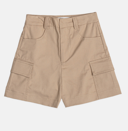 Conjunto Infantil Top Tomara que Caia Bege com Cinto Fino Short Alfaiataria Bege Bolsos - Authoria
