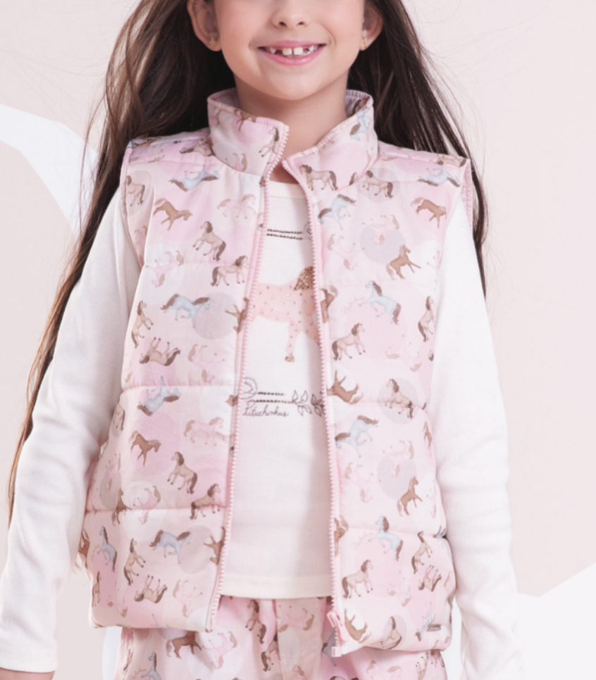 Conjunto Infantil Blusa Off White Cavalinho Cristal E Legging Tricot Floral Rosa - Pituchinhus
