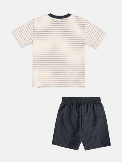 Conjunto Infantil Camiseta Listrada Mickey e Bermuda Sarja Preta - Youccie