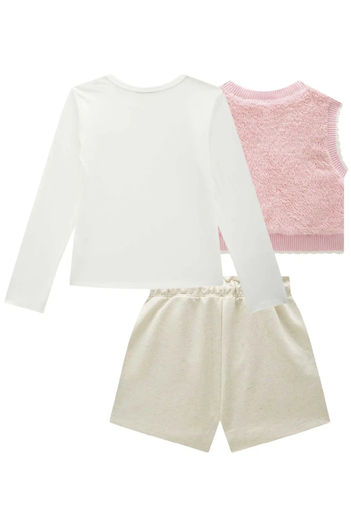 Conjunto Trio Blusa ML Off White, Colete Rosa e Saia Bege - Infanti