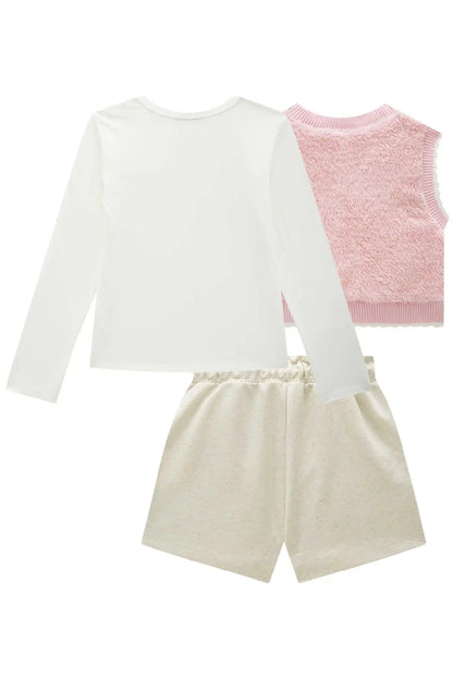 Conjunto Trio Blusa ML Off White, Colete Rosa e Saia Bege - Infanti