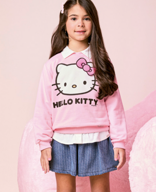 Conjunto Infantil Feminino Casaco Moletom Hello Kitty Rosa Blossom com Saia Jeans Listrada Cós Duplo Branco - Momi