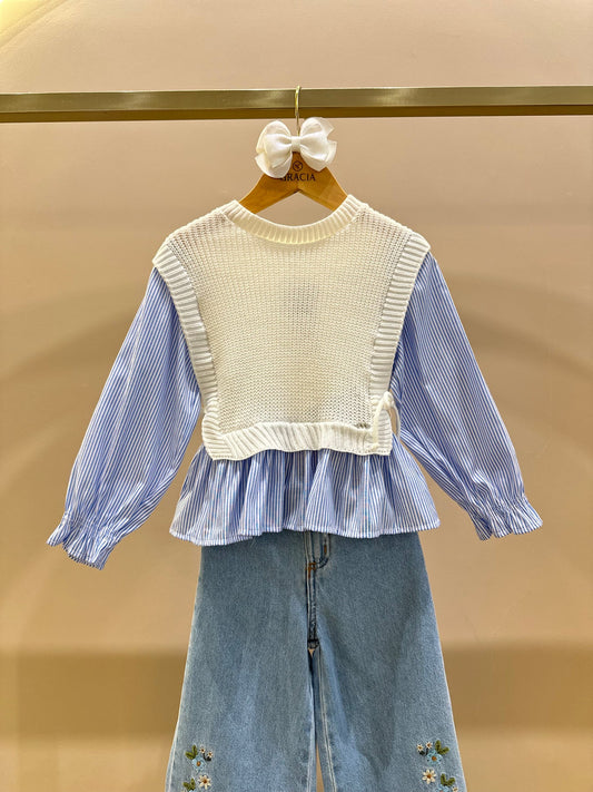 Camisa Sobreposição Colete Infantil Tricot Off White - Momi