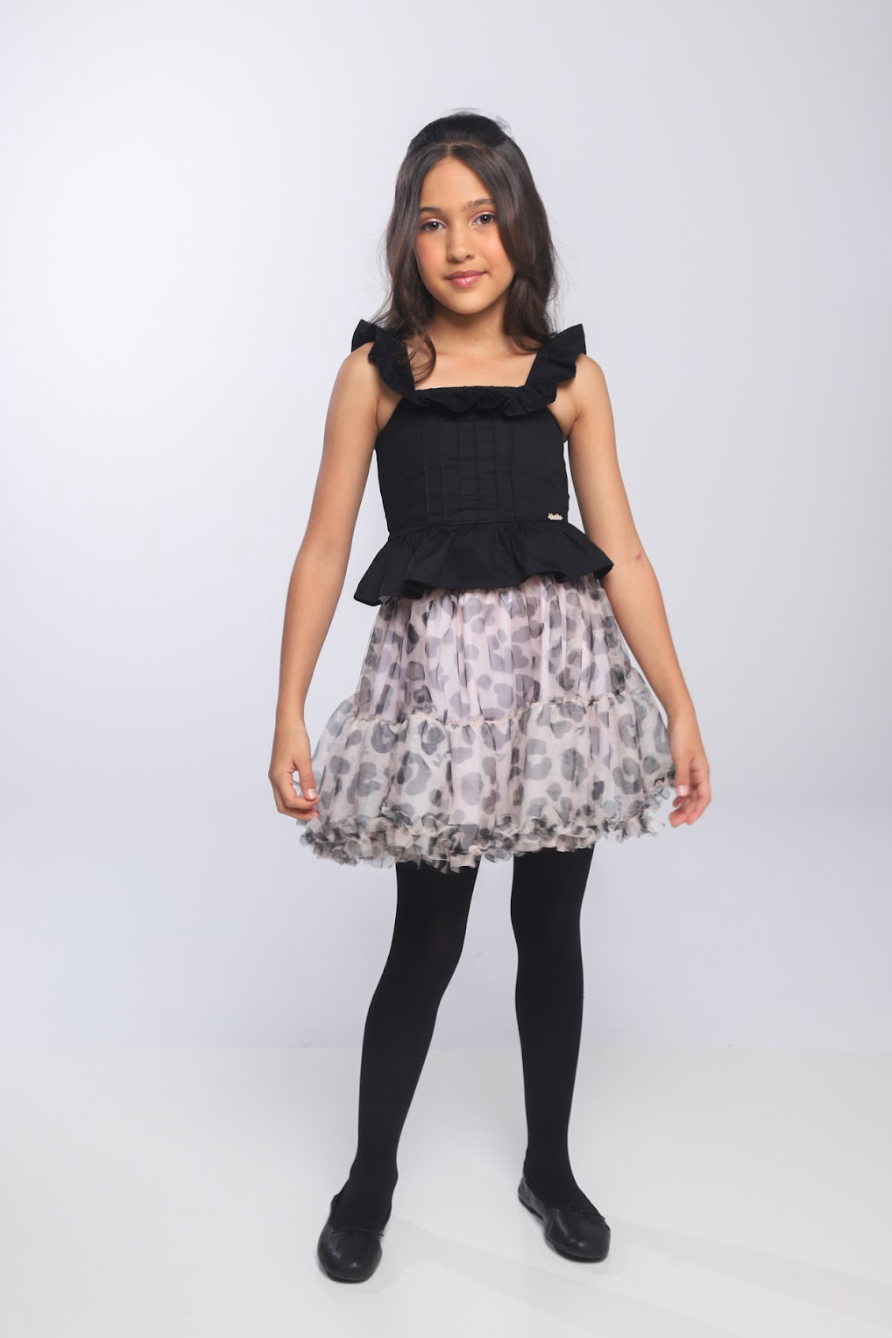 Conjunto Infantil Blusa Peplum Babadinho e Saia Rodada Tule Animal Print P&B - Luluzinha