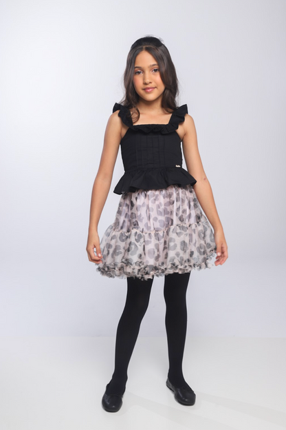 Conjunto Infantil Blusa Peplum Babadinho e Saia Rodada Tule Animal Print P&B - Luluzinha