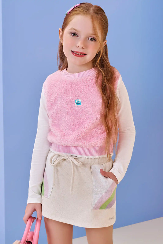 Conjunto Trio Blusa ML Off White, Colete Rosa e Saia Bege - Infanti