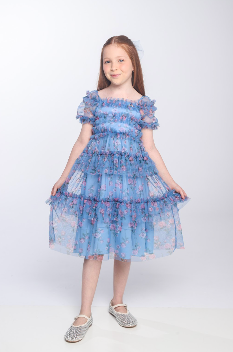 Vestido Infantil Midi Tule Floral Azul Babados - Luluzinha