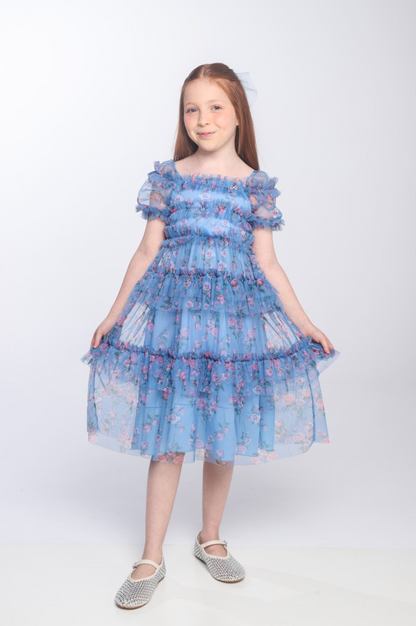 Vestido Infantil Midi Tule Floral Azul Babados - Luluzinha