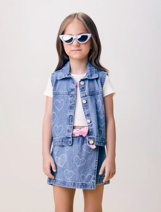 Conjunto Infantil Colete e Shorts Jeans Corações Strass - Momi PRÉ-VENDA