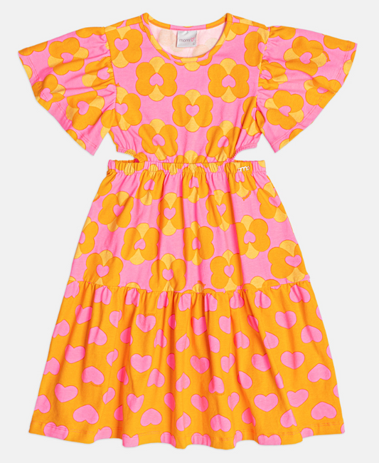 Vestido Infantil Laranja Floral com Saia em Camadas - Momi