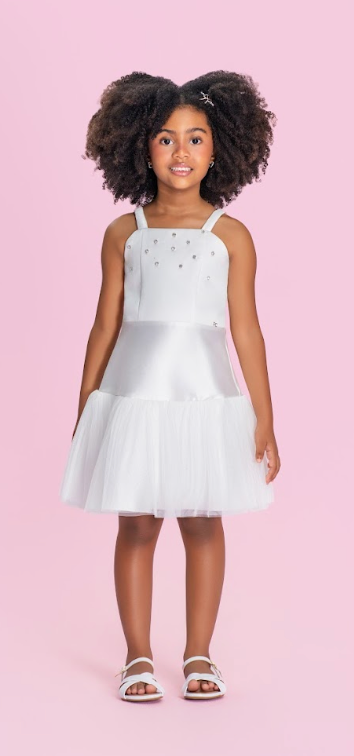 Vestido Infantil Acetinado Com Pedrarias e Saia Em Tule - Petit Cherie