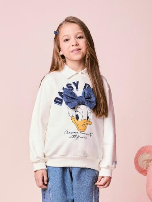 Conjunto Infantil Feminino Casaco Daisy Laço Off White com Calça Jeans Reta Laços Jeans Casual - Momi