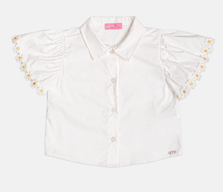 Camisa Infantil Branca com Mangas Bordadas de Florzinha - Momi