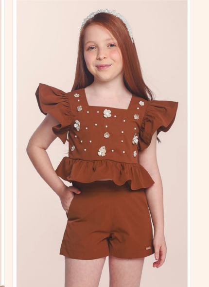 Conjunto Infantil Blusa e Shorts  Sarja Bordado Manual Marrom - Luluzinha