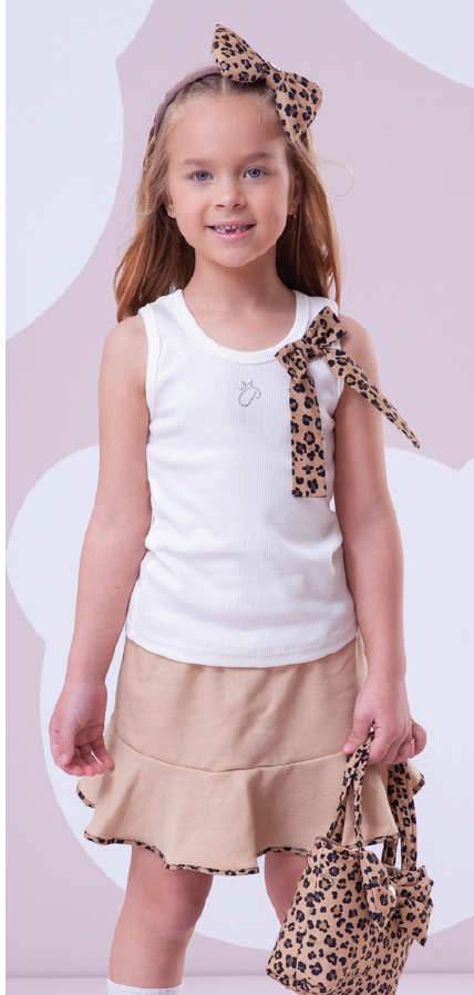 Conjunto Infantil Regata Laço Oncinha e Saia Moletom Babado Bege - Pituchinhus PRÉ-VENDA