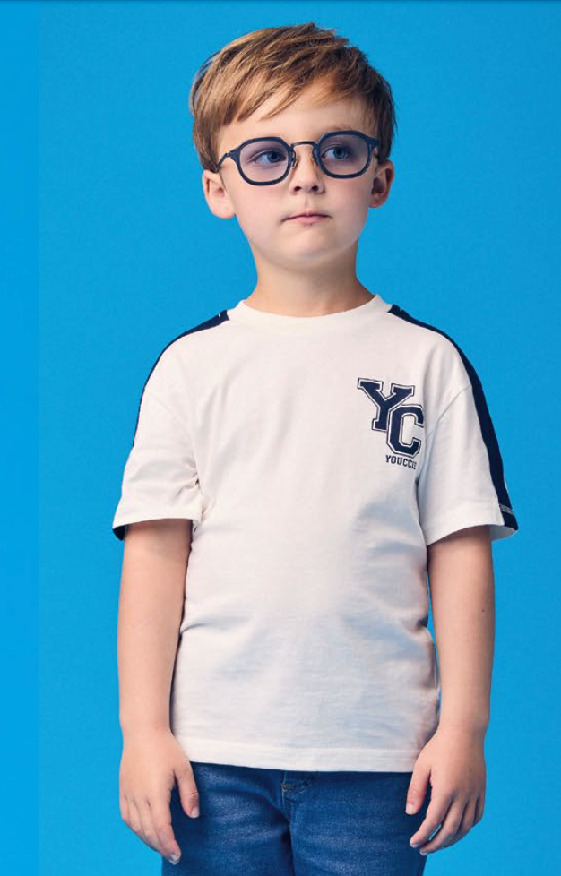 Camiseta Infantil MC Branca com Faixa Lateral Azul - Youccie