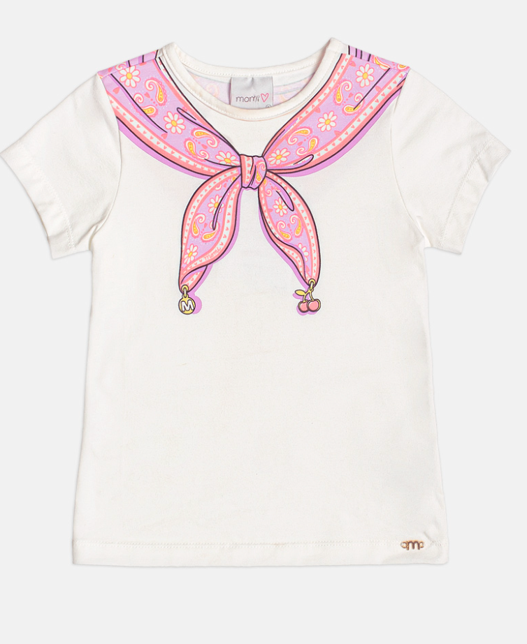 Conjunto Infantil Blusa Lenço Estampado Amarrado Na Gola e Calça Jeans Wide Leg Cós Alto Com Elástico - Momi