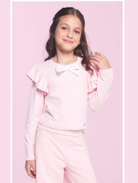 Blusa Infantil Manga Longa Com Laço Rosa - Luluzinha