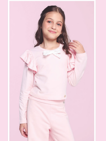 Blusa Infantil Manga Longa Com Laço Rosa - Luluzinha