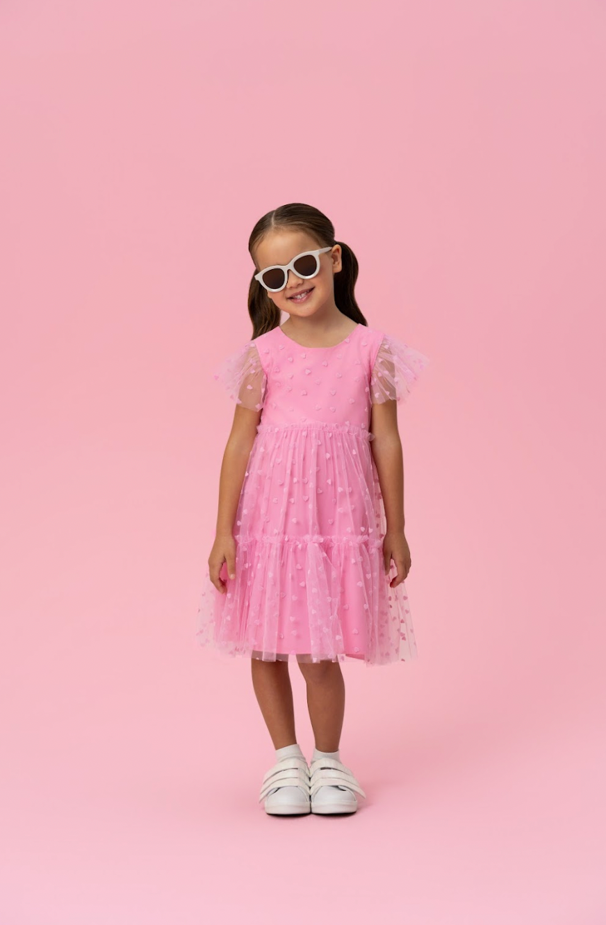 Vestido Infantil Trapézio Tule Corações Rosa Balé - Mon Sucré