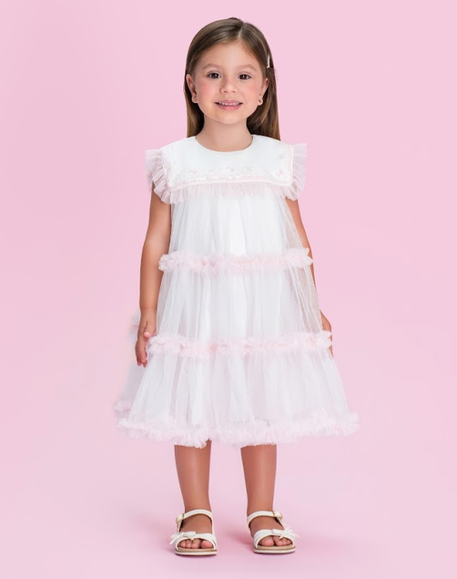 Vestido Infantil Branco com Gola Bordada com Babados em Tule Rosa - Petit Cherie