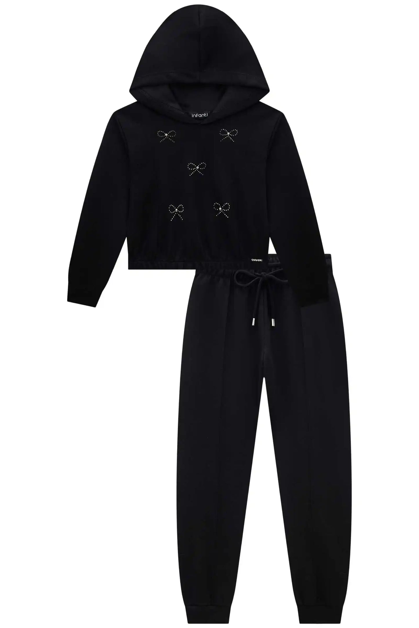 Conjunto Infantil Blusão Boxy Lacinhos Strass e Calça Jogger Tecnonew Preto - Infanti