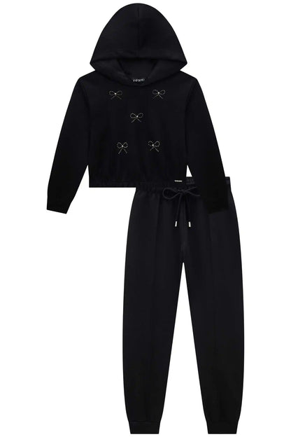 Conjunto Infantil Blusão Boxy Lacinhos Strass e Calça Jogger Tecnonew Preto - Infanti