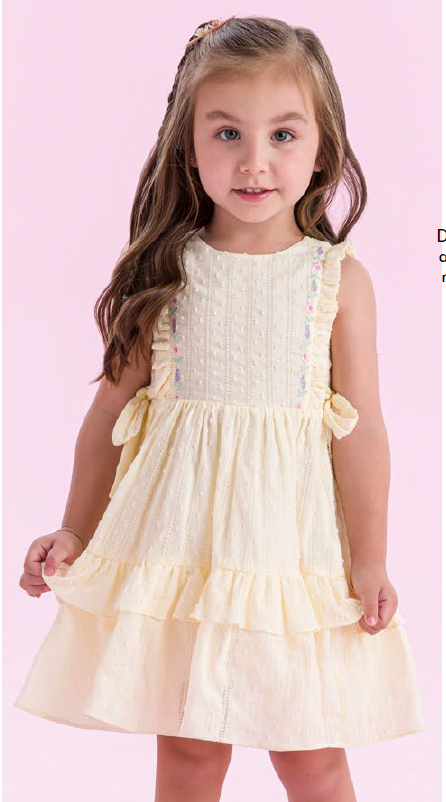 Vestido Infantil Algodão Laços Laterais e Bordados Amarelo - Petit Cherie