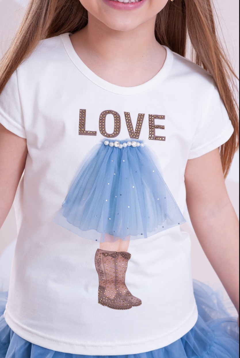 Conjunto Infantil Blusa Cotton Menina Love Off White e Saia-Shorts Bouclé Pérolas - Pituchinhus