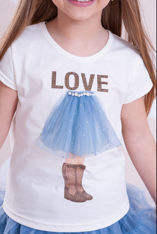 Conjunto Infantil Blusa Cotton Menina Love Off White e Saia-Shorts Bouclé Pérolas - Pituchinhus