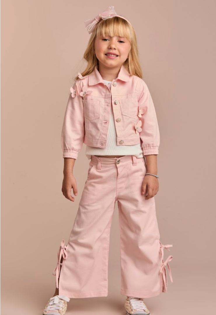 Conjunto Infantil Jaqueta Sarja Rosa Borboletas e Calça Wide Rosa - Gabriela Aquarela