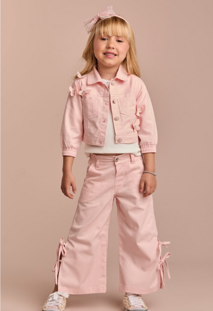 Conjunto Infantil Jaqueta Sarja Rosa Borboletas e Calça Wide Rosa - Gabriela Aquarela