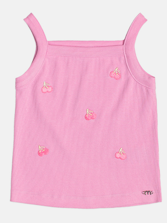 Conjunto Infantil Regata Rosa Com Cerejas e Saia Jeans Pregas Com Pingente - Momi - Pré Venda